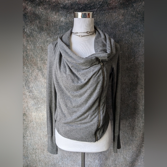 Caslon Gray Drape Front Moto Zip Sweater - Picture 1 of 6